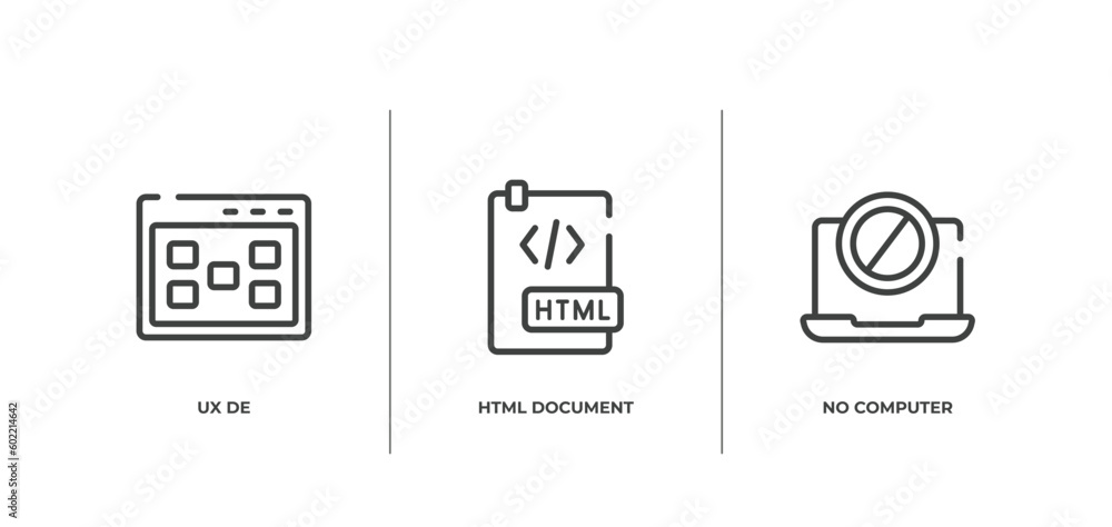 Poster computer devices outline icons set. thin line icons sheet included ux de, html document, no computer