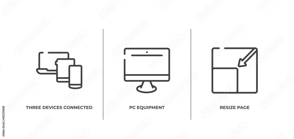 Poster responsive web outline icons set. thin line icons sheet included three devices connected, pc equipme