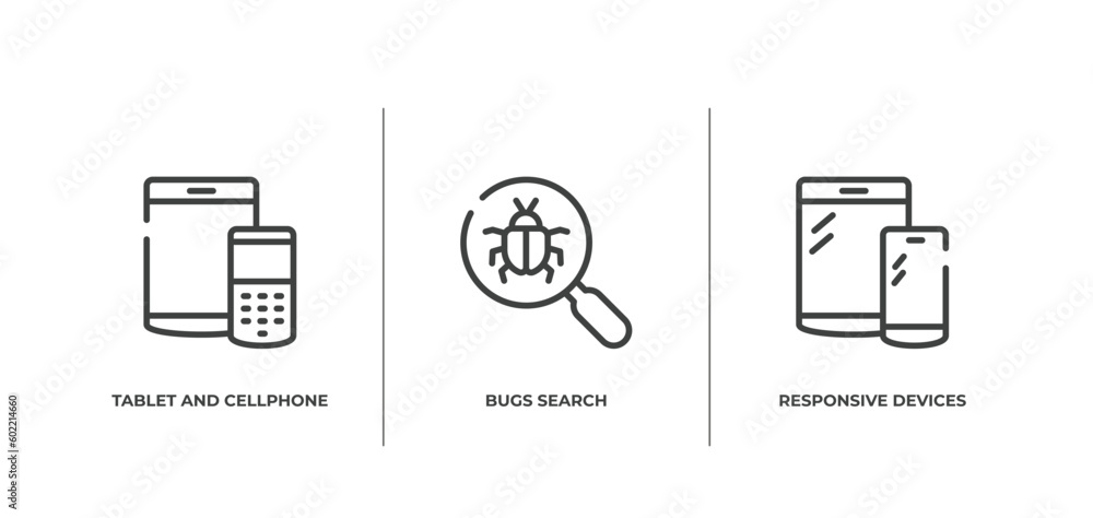 Poster responsive web outline icons set. thin line icons sheet included tablet and cellphone, bugs search, 