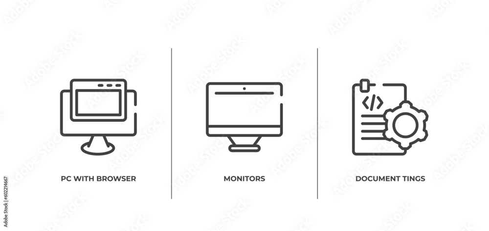 Poster programming line craft outline icons set. thin line icons sheet included pc with browser, monitors, 