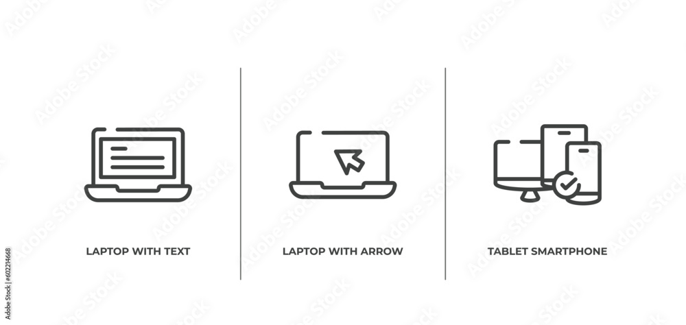 Poster responsive web outline icons set. thin line icons sheet included laptop with text, laptop with arrow