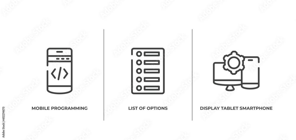 Poster responsive web outline icons set. thin line icons sheet included mobile programming, list of options