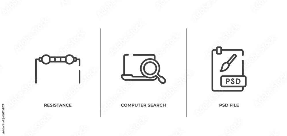 Poster design tools outline icons set. thin line icons sheet included resistance, computer search, psd file