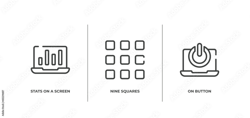 Poster computer and hardware outline icons set. thin line icons sheet included stats on a screen, nine squa