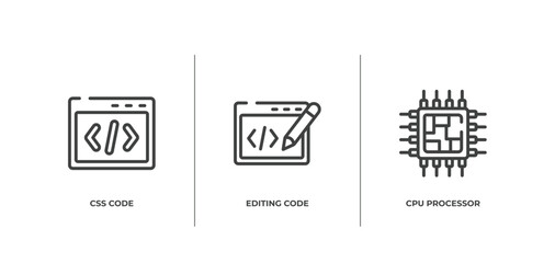 electronic devices fill outline icons set. thin line icons sheet included css code, editing code, cpu processor vector.