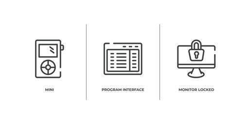 computer devices outline icons set. thin line icons sheet included mini, program interface, monitor locked vector.