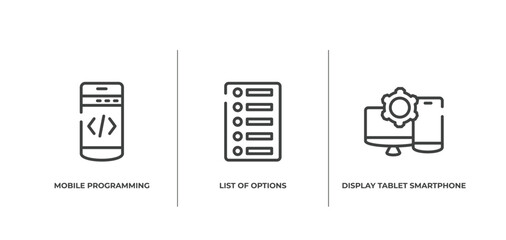 responsive web outline icons set. thin line icons sheet included mobile programming, list of options, display tablet smartphone cogwheel vector.