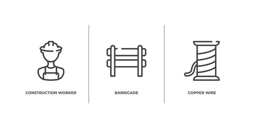 electrician tools outline icons set. thin line icons sheet included construction worker, barricade, copper wire vector.