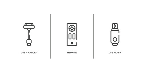 computer and hardware outline icons set. thin line icons sheet included usb charger, remote, usb flash vector.