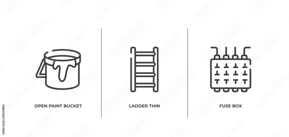 Poster factory outline icons set. thin line icons sheet included open paint bucket, ladder thin, fuse box v