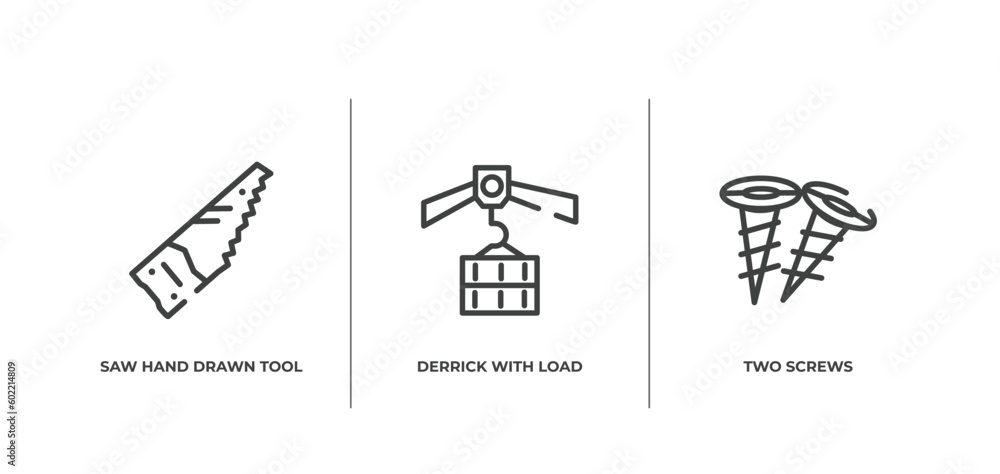 Poster constructicons outline icons set. thin line icons sheet included saw hand drawn tool, derrick with l