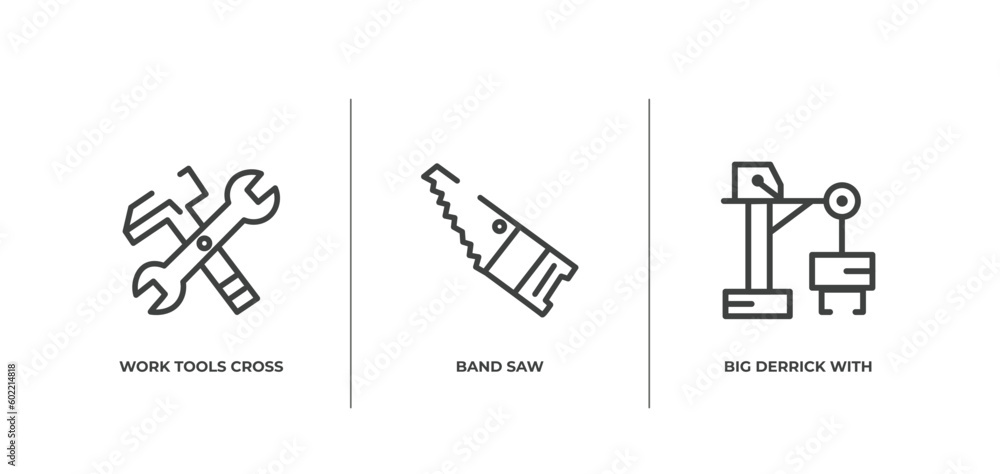 Poster constructicons outline icons set. thin line icons sheet included work tools cross, band saw, big der