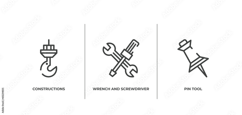 Poster work tools outline icons set. thin line icons sheet included constructions, wrench and screwdriver c