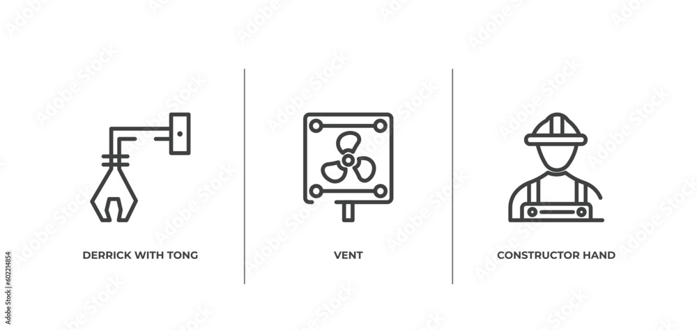 Poster hand drawn construction outline icons set. thin line icons sheet included derrick with tong, vent, c