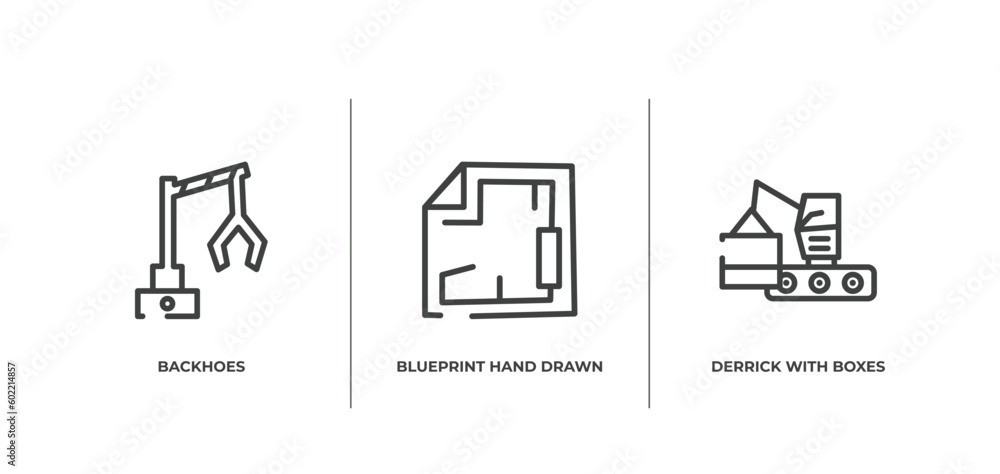 Poster constructicons outline icons set. thin line icons sheet included backhoes, blueprint hand drawn tool