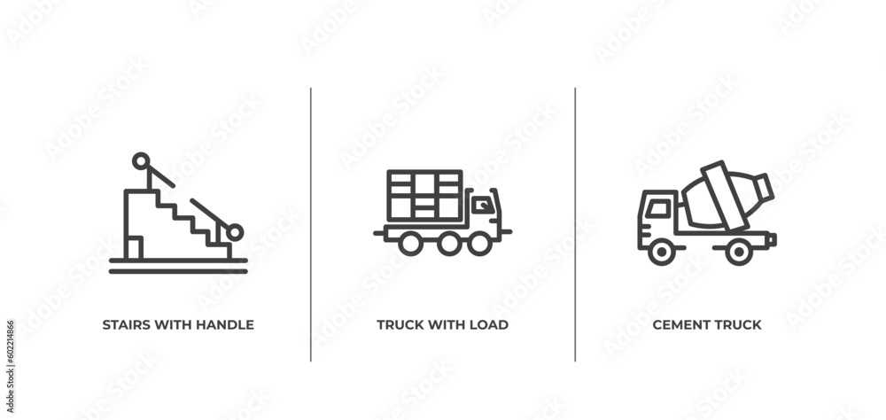 Aufkleber constructicons outline icons set. thin line icons sheet included stairs with handle, truck with load