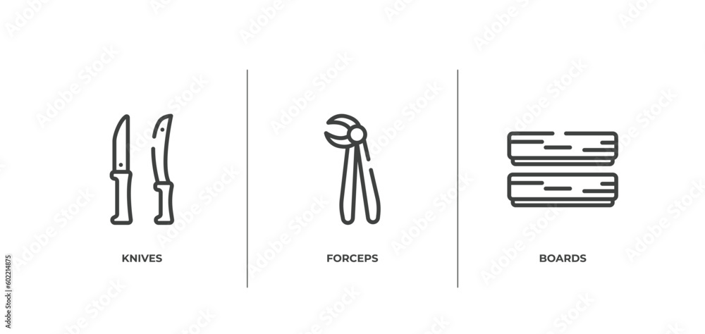 Poster building outline icons set. thin line icons sheet included knives, forceps, boards vector.