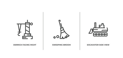 construction outline icons set. thin line icons sheet included derrick facing right, sweeping broom, excavator side view vector.