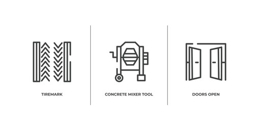 constructicons outline icons set. thin line icons sheet included tiremark, concrete mixer tool, doors open vector.