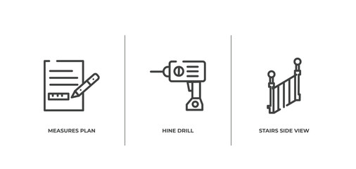 do it yourself outline icons set. thin line icons sheet included measures plan, hine drill, stairs side view vector.