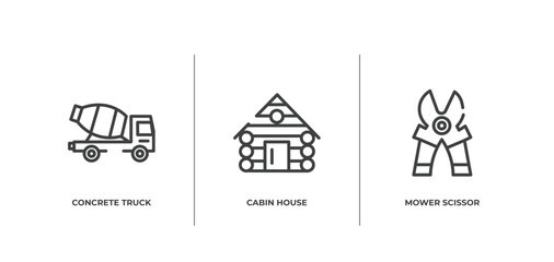 do it yourself outline icons set. thin line icons sheet included concrete truck, cabin house, mower scissor vector.