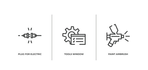 tools and hinery outline icons set. thin line icons sheet included plug for electric connection, tools window, paint airbrush vector.
