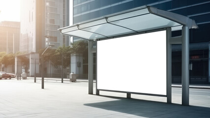 Blank white billboard at bus stop for mockup. Empty frame for advertising poster mockup. Generative AI