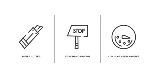 work tools outline icons set. thin line icons sheet included paper cutter, stop hand drawn, circular speedometer vector.