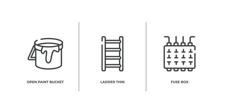 factory outline icons set. thin line icons sheet included open paint bucket, ladder thin, fuse box vector.