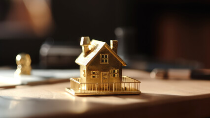 Obraz na płótnie Canvas Small golden house statue on work desk. Symbol of real estate and property investment. Generative AI