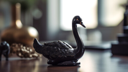 Small black swan statue on work desk. Symbol of unpredictable event in financial and stock markets. Generative AI
