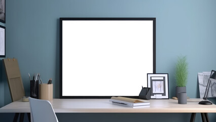 Fototapeta na wymiar Blank black photo frame mounted on wall for mockup. Empty black frame in front of work desk. Generative AI 