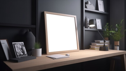 Blank wooden photo frame on work desk for mockup. Empty wooden frame in front of black wall. Generative AI
