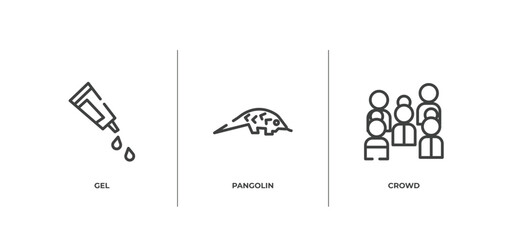 outline icons set. thin line icons sheet included gel, pangolin, crowd vector.