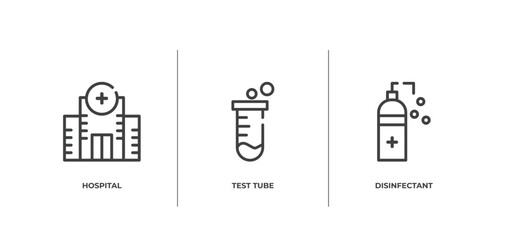 outline icons set. thin line icons sheet included hospital, test tube, disinfectant vector.