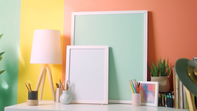 Blank photo frame on work desk for mockup. Empty white frame in front of colorful wall. Generative AI
