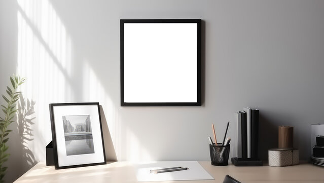 Blank black photo frame mounted on wall for mockup. Empty black frame in front of work desk. Generative AI
