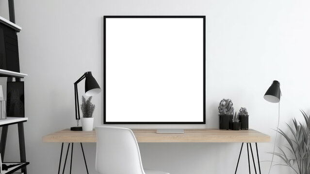 Blank black photo frame mounted on wall for mockup. Empty black frame in front of work desk. Generative AI
