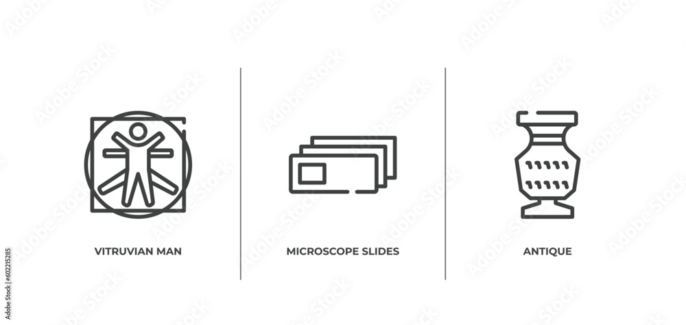 Poster nerd outline icons set. thin line icons sheet included vitruvian man, microscope slides, antique vec