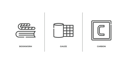 biochemistry outline icons set. thin line icons sheet included bookworm, gauze, carbon vector.