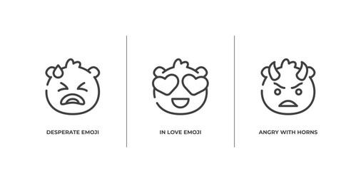 emoji outline icons set. thin line icons sheet included desperate emoji, in love emoji, angry with horns vector.