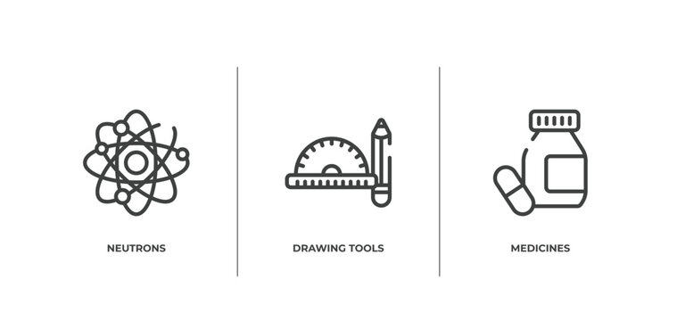 research & science outline icons set. thin line icons sheet included neutrons, drawing tools, medicines vector.