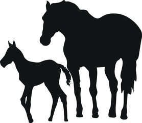 Obraz premium The black silhouette of a mare with a child