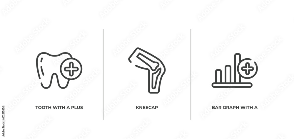 Poster medicine and health outline icons set. thin line icons sheet included tooth with a plus, kneecap, ba