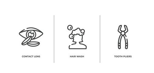 dentist outline icons set. thin line icons sheet included contact lens, hair wash, tooth pliers vector.