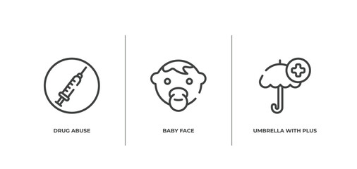 medicine and health outline icons set. thin line icons sheet included drug abuse, baby face, umbrella with plus vector.
