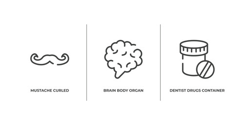 dentist outline icons set. thin line icons sheet included mustache curled tip, brain body organ, dentist drugs container vector.