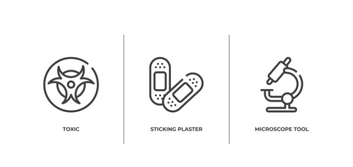 medical icons outline icons set. thin line icons sheet included toxic, sticking plaster, microscope tool vector.
