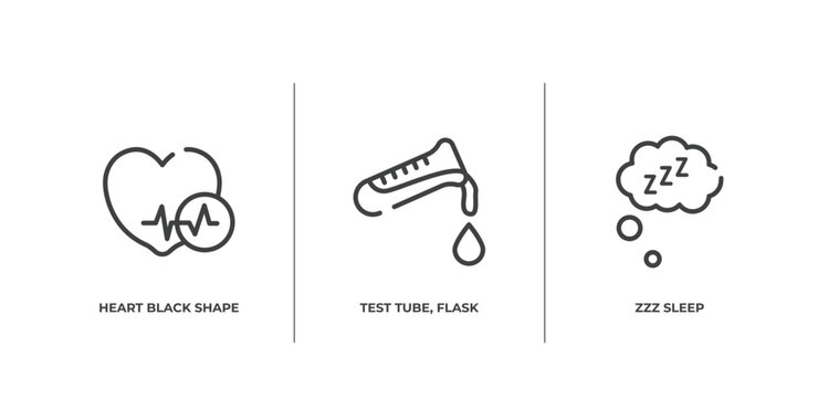 medicine and health outline icons set. thin line icons sheet included heart black shape, test tube, flask and drop of blood, zzz sleep vector.