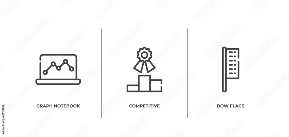 Poster advertisement outline icons set. thin line icons sheet included graph notebook, competitive, bow fla